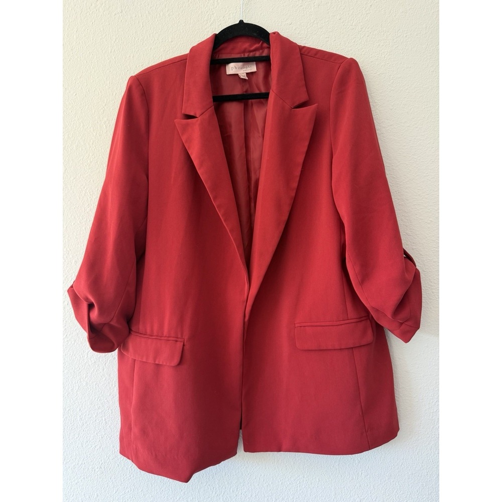 Philosophy Women 3/4 Roll Tab Sleeve Open Front Notch Lapel Blazer SZ XL Red
